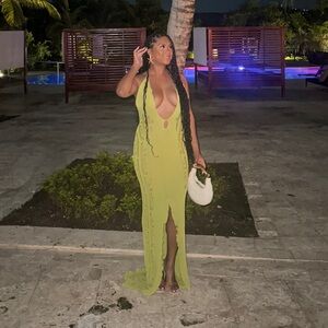 MURIC DEEP V NECK KNITTED MAXI DRESS IN CHARTREUSE